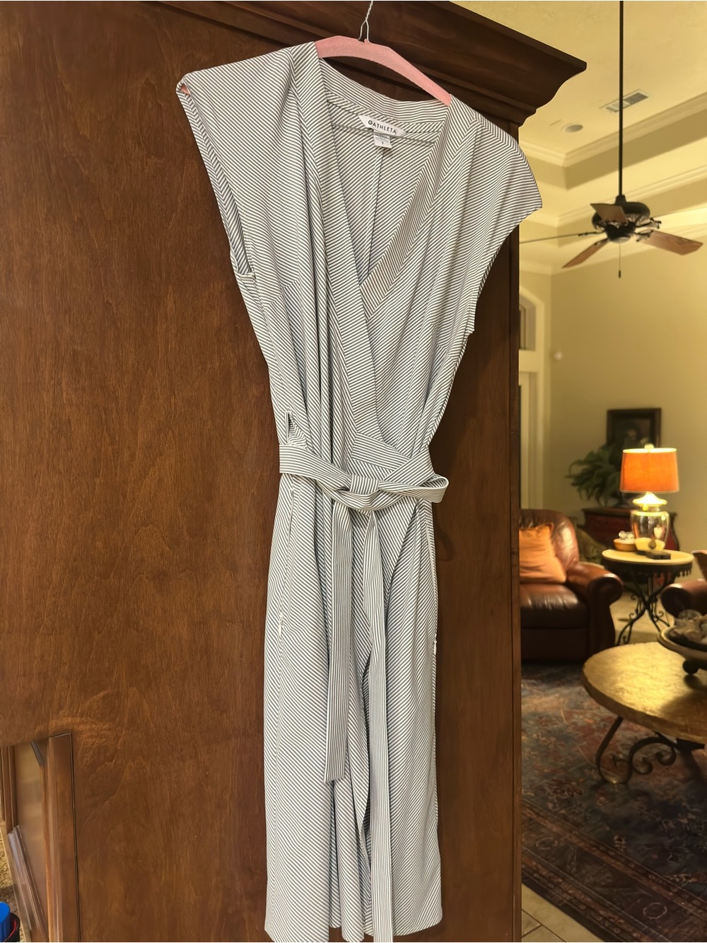 Athleta Gray and White Striped Midi Wrap Dress